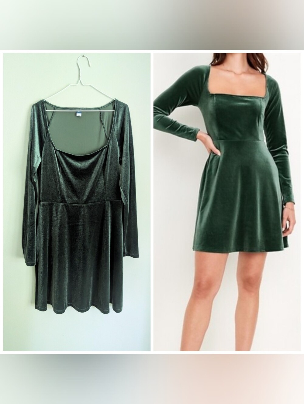 NEW Old Navy Large TALL Fit & Flare Velvet Mini Dress Green Long Sleeve